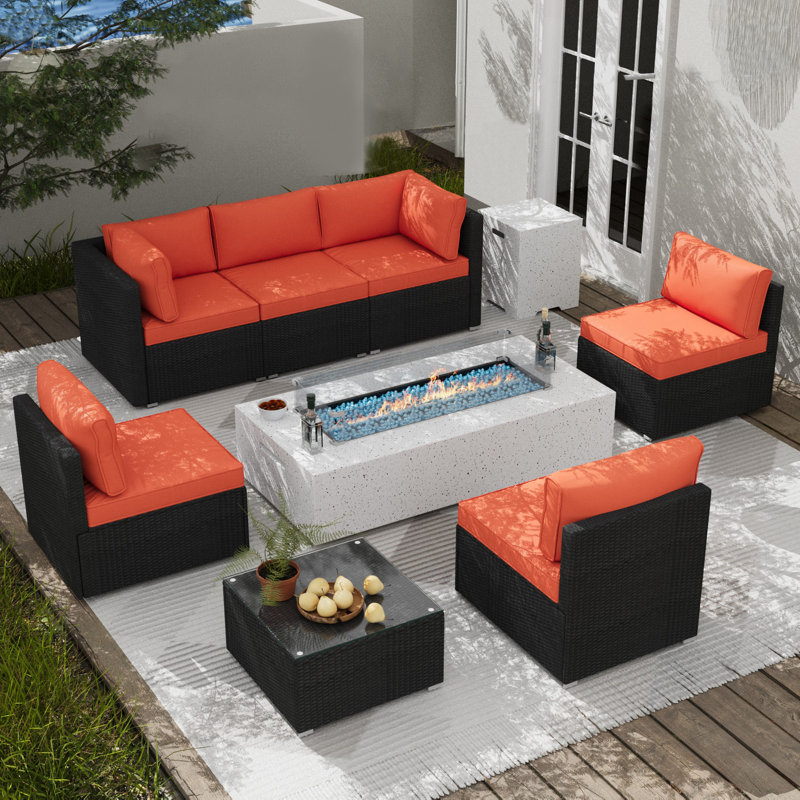 Ensemble de conversation modulaire 9 pièces avec coussins et table foyer, Orange / noir