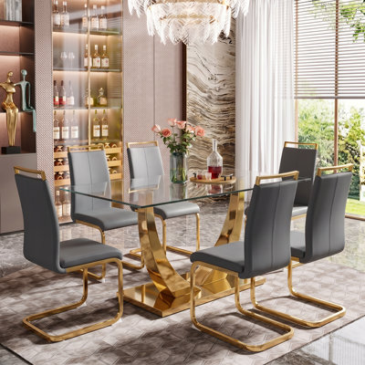 Modern Glam 7-Piece Rectangular Tempered Glass Dining Set with Faux Leather Cantilever Chairs