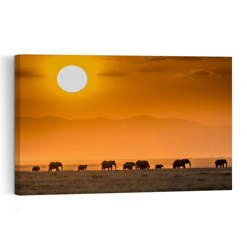 Elephant Family Sunset Peaceful Serene Abstract Elephant Landscape Nature Wall Art Print by Jeffrey C. Sink - 1 Piece Wrapped Canvas Wall Art