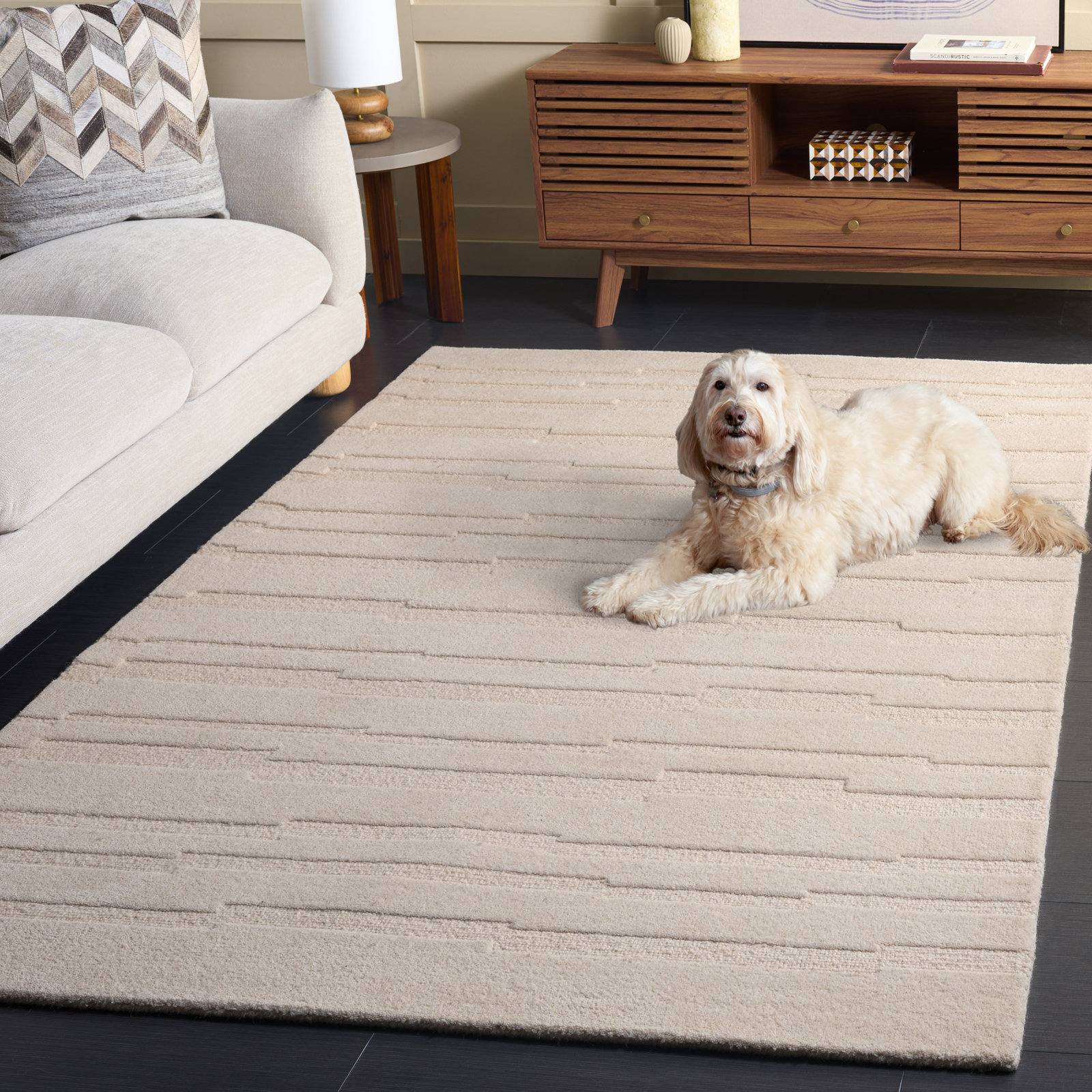 Elona Ivory Hand-Tufted Geometric Wool Rug, Rectangle 5' x 8'