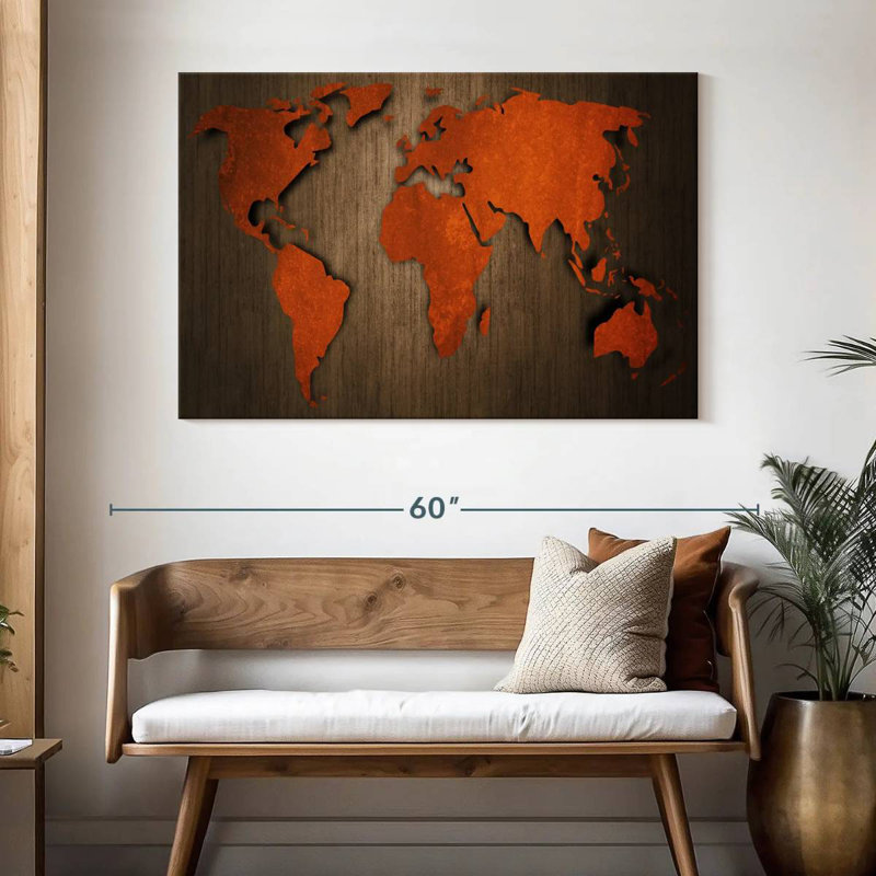 Ancienne carte du monde en bois Aliaz, H 32 po x l 48 po