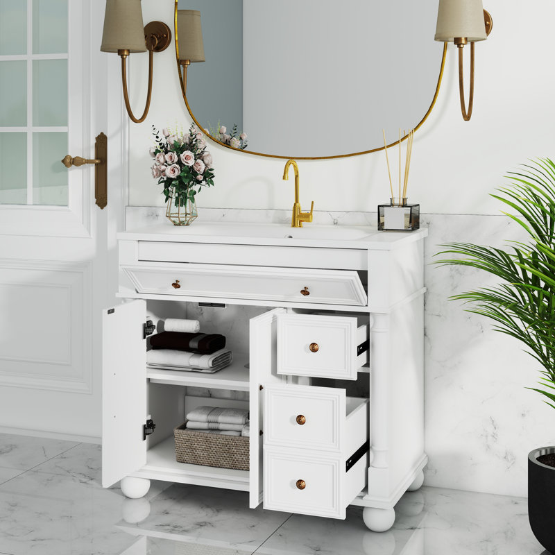Meuble-lavabo autoportant 36 po avec rangement de style romain, base en bois massif et poignées en métal, Blanc