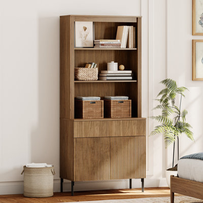 Bibliothèque moderne de 71,6 po à 5 niveaux avec armoire de rangement, vitrine en bois avec portes cannelées et tiroir, bibliothèque polyvalente pour le salon, le bureau et le bureau