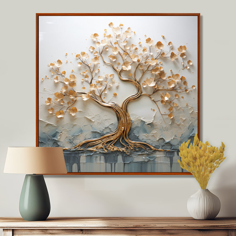Arbre doré dans un lac au début du printemps I - décoration murale arbre, H 16 po x l 16 po, Cadre flottant brun, bois massif