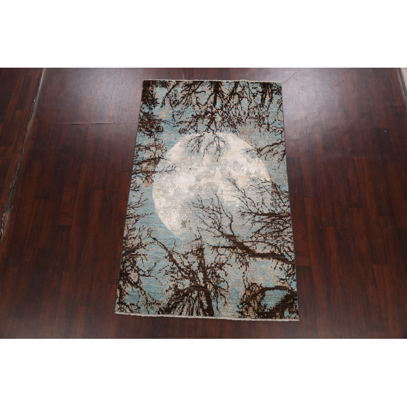 Tapis bleu / brun / gris noué à la main de conception unique 4 pi 7 po x 7 pi 5 po New Age