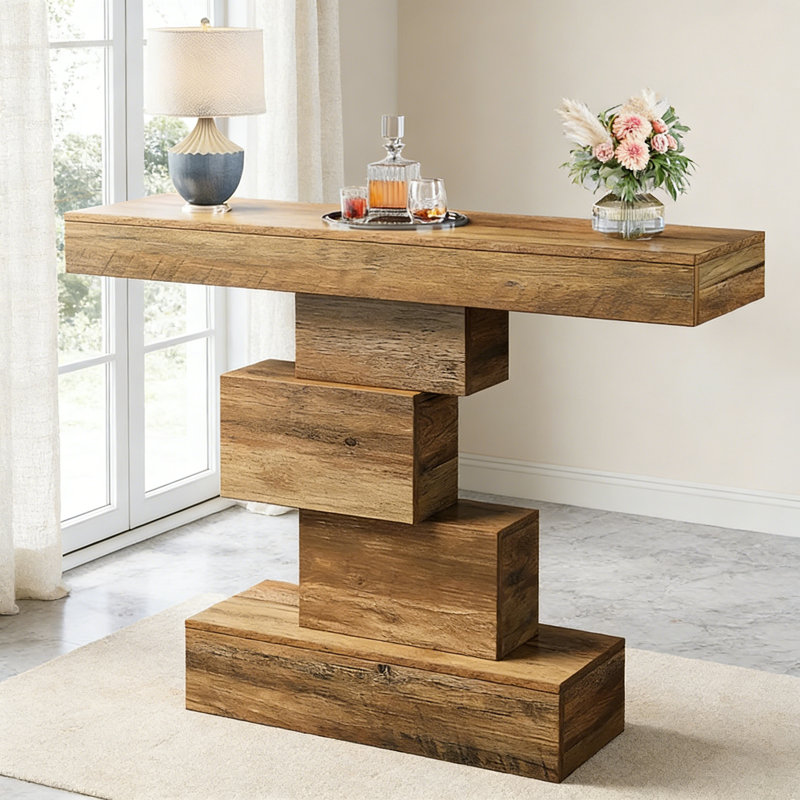 Console 42 po, canapé en bois avec base géométrique, Brun pâle