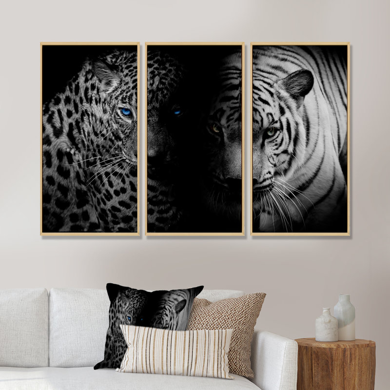 Léopard et tigre en noir - 3 pièces, cadre flottant, impression sur toile, H 20 po x l 36 po, Blanc