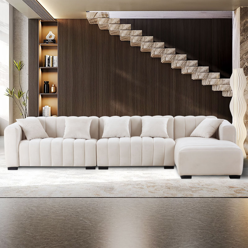138.97" Wide Velvet Modular Sectional Sofa, White Velvet, Right Hand Facing