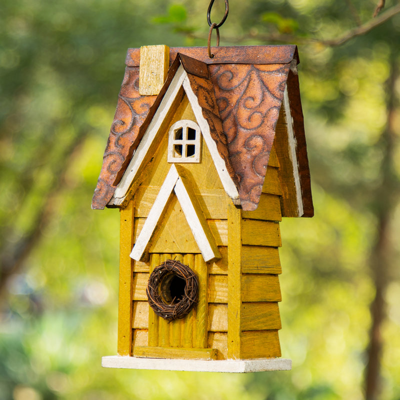Strader Distressed Solid Wood Villa Decorative Outdoor Garden Birdhouse, Yellow/White