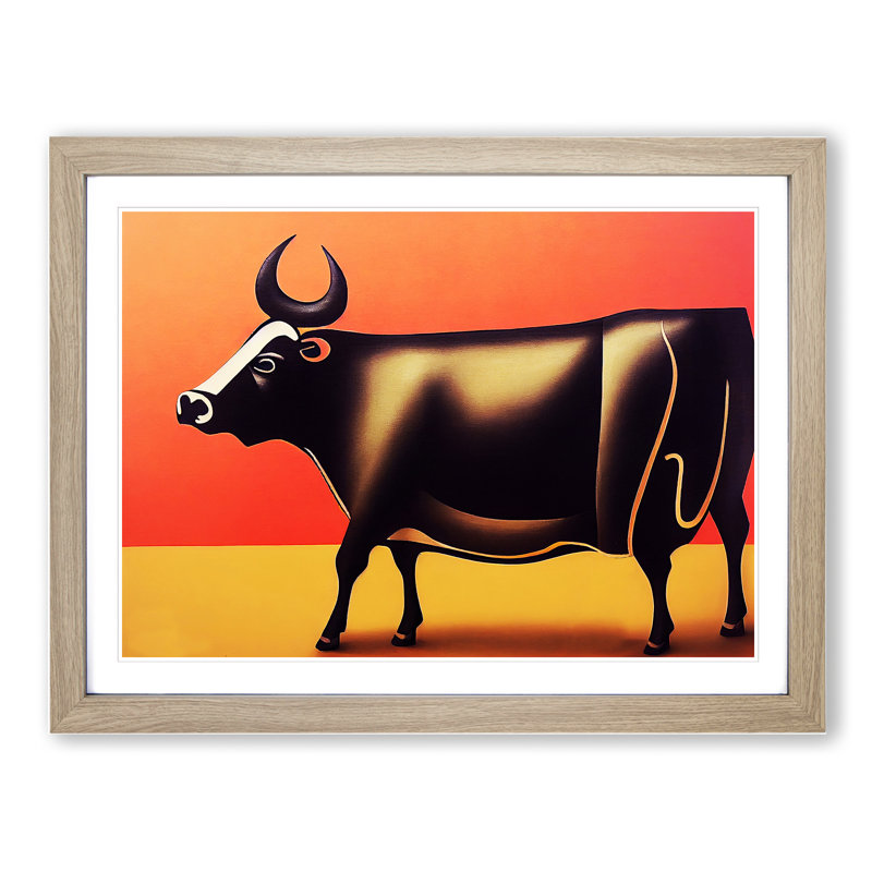 Dashing Cow - Framed Print, 25cm H x 34cm W x 2cm D, Oak
