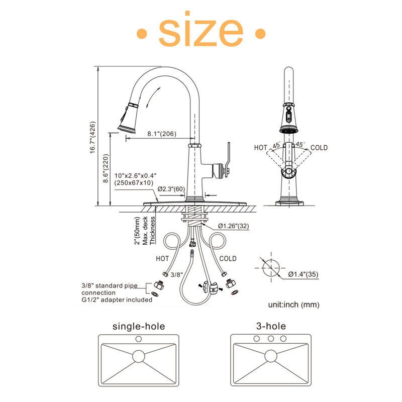 Stainless Steel 3-Function Single Handle Pull Down Kitchen Faucet With Deckplate, Matte Black