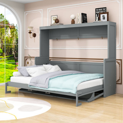Lit escamotable en bois avec tablettes de rangement et lattes