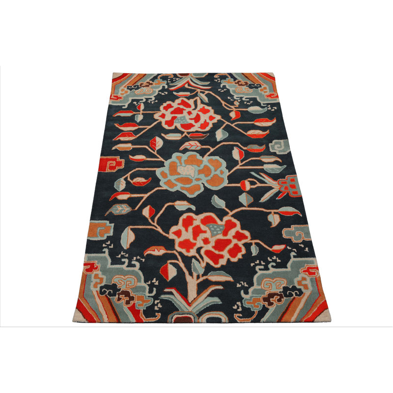 Tapis bleu botanique en laine touffeté à la main 3 x 5, Rectangulaire 3 pi x 5 pi