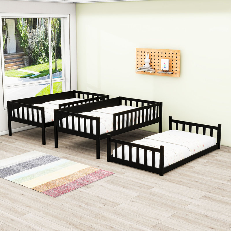 Triple lit simple superposé en bois avec échelles intégrées, Noir
