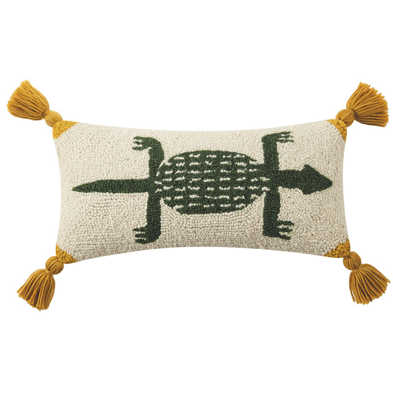 Green Turtle Wool Hook Pillow with Yellow Tassels