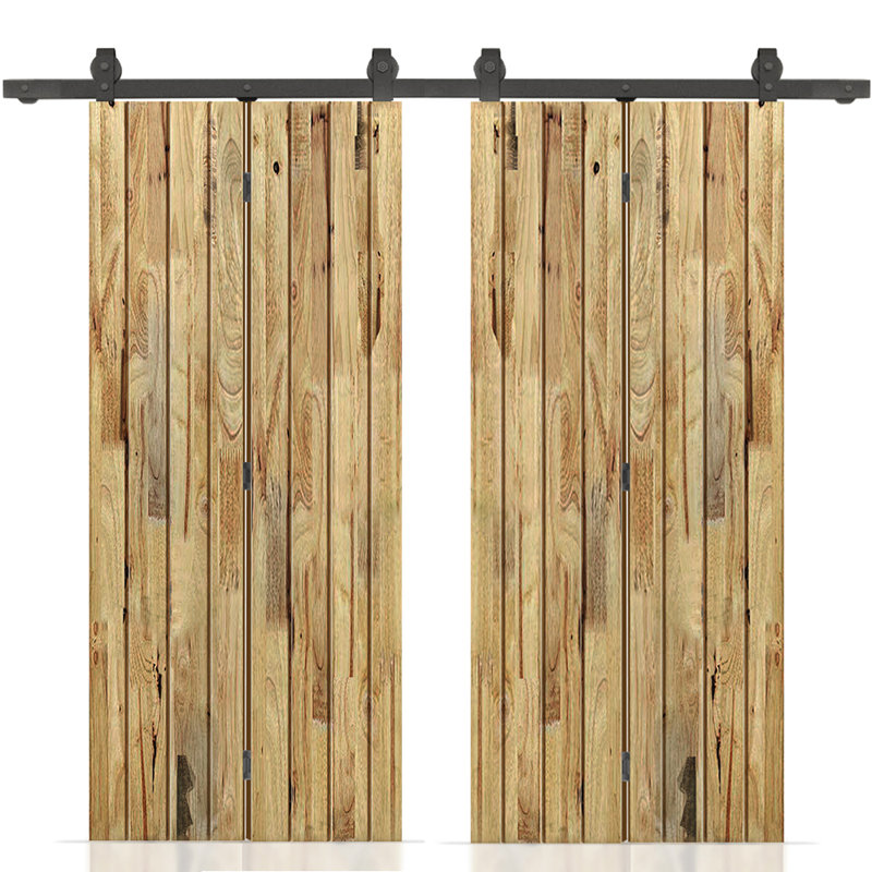 Porte de grange double pliante en bois de pin teinté avec quincaillerie coulissante, 48 po x 80 po, Chêne vieilli