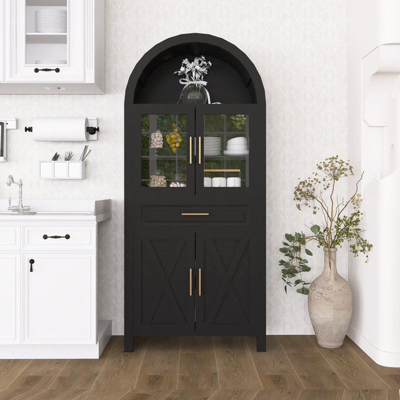 FARMHOUSE STORAGE PANTRY CABINET WITH GLASS DOOR & ADJUSTABLE SHELVES, Black