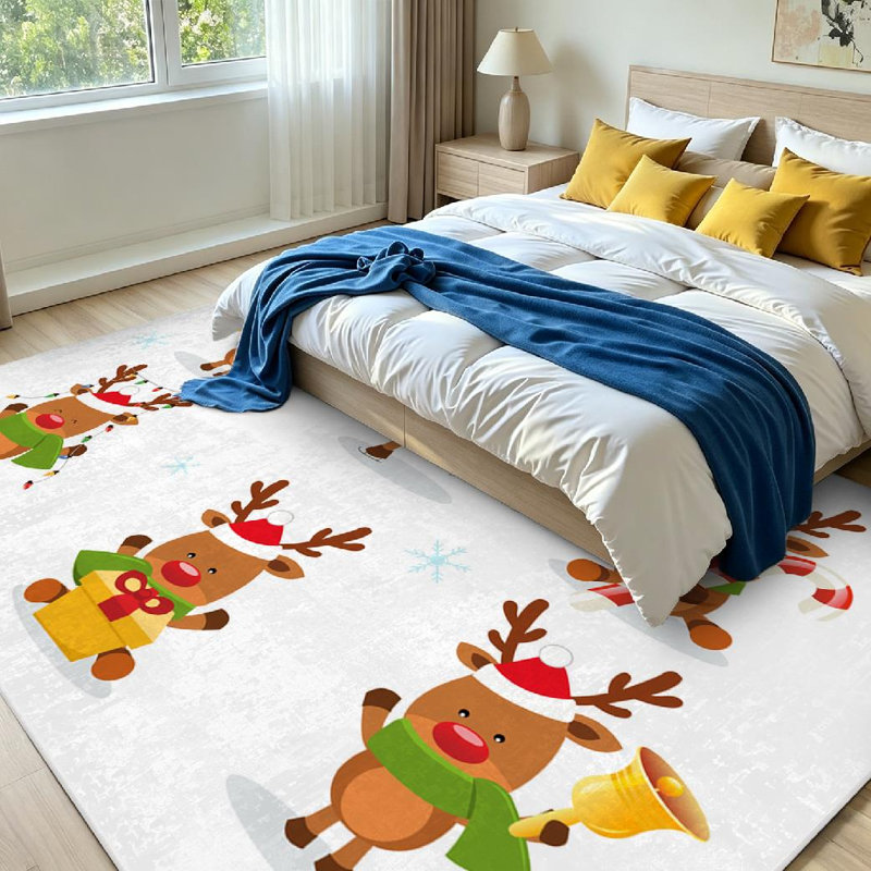 Tapis d'intérieur rouge lavable à la machine, motif renne mignon, Rectangle 79 po x 118 po