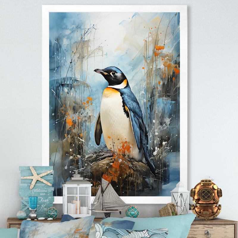 " Penguin Dreamscape IV ", White Single Picture Frame, 32" H x 24" W x 1" D