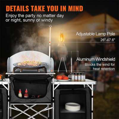 Table de cuisine pliante pour camping avec sac de rangement, station de cuisson en aluminium avec 3 armoires et pare-brise amovible pour une installation extérieure rapide