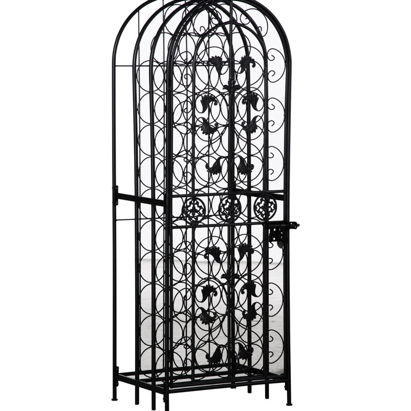 Black Wrought Iron 45 Wine Display Rack With Lock, Attractive Design, Storage Holder For 45 Bottles Charming , Functional