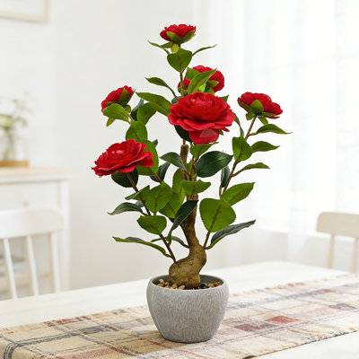 Camélia artificiel rouge 20 "avec fleurs et feuilles réalistes, plante de bonsaï en pot décoratif