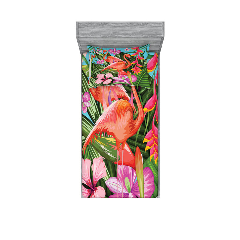 Drap-housse et coussin décoratif Ambesonne Flamingo vert rose bleu, Ensemble de draps pour lit simple + 3 pièces supp