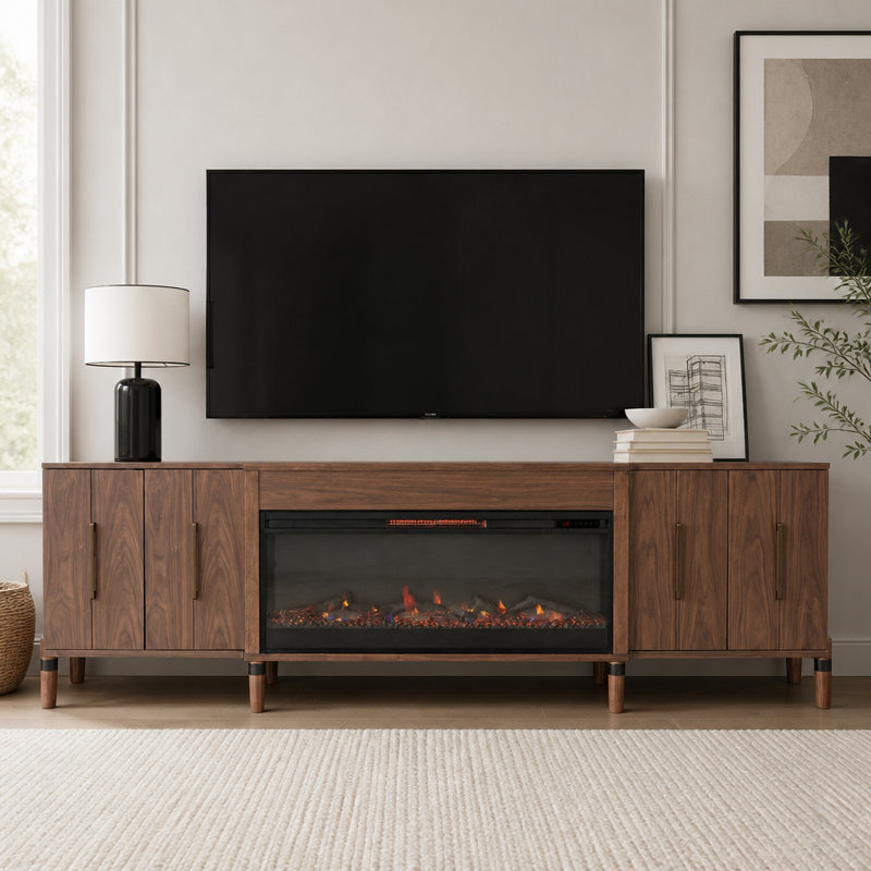 Meuble télé moderne avec foyer électrique, tiroirs de rangement et réglages de flamme ajustables pour grands téléviseurs.