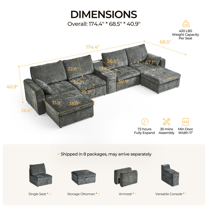 U-shaped 6-seater Sectional Couch Chenille Oversized Modular Sofa Cloud Couch With Versatile Console, Convertible Side Table Charging Storage Cup Holder