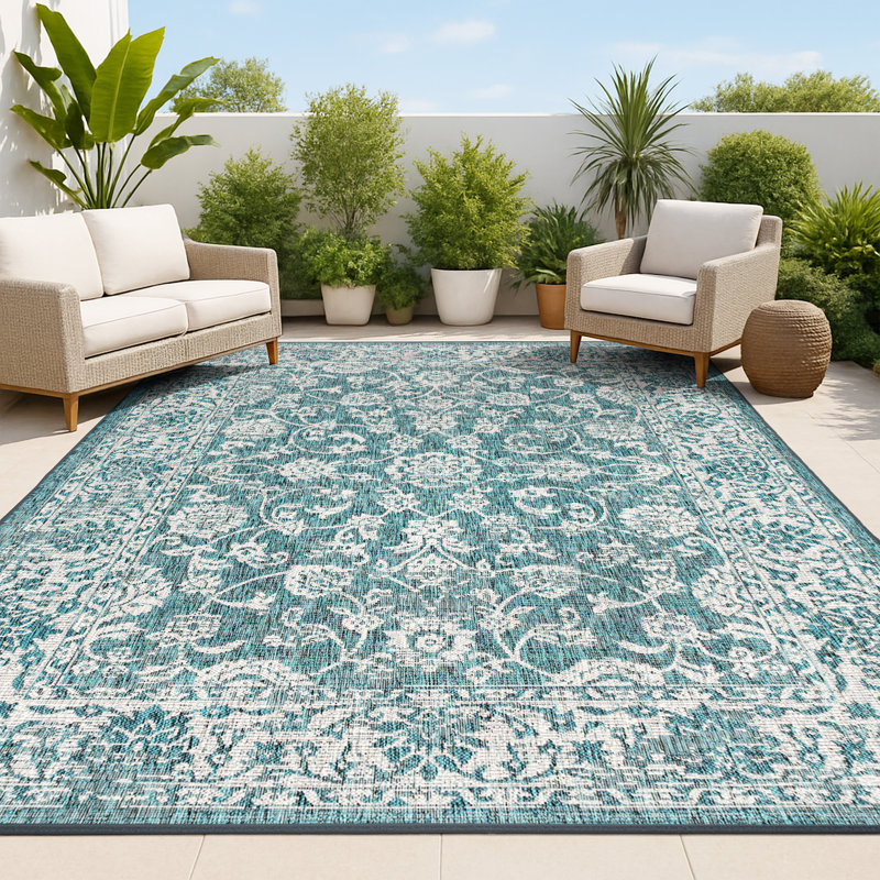 Tapis d'intérieur / extérieur à motif floral bleu sarcelle / gris Leonora, Rectangle 3 pi 1 po x 5 pi