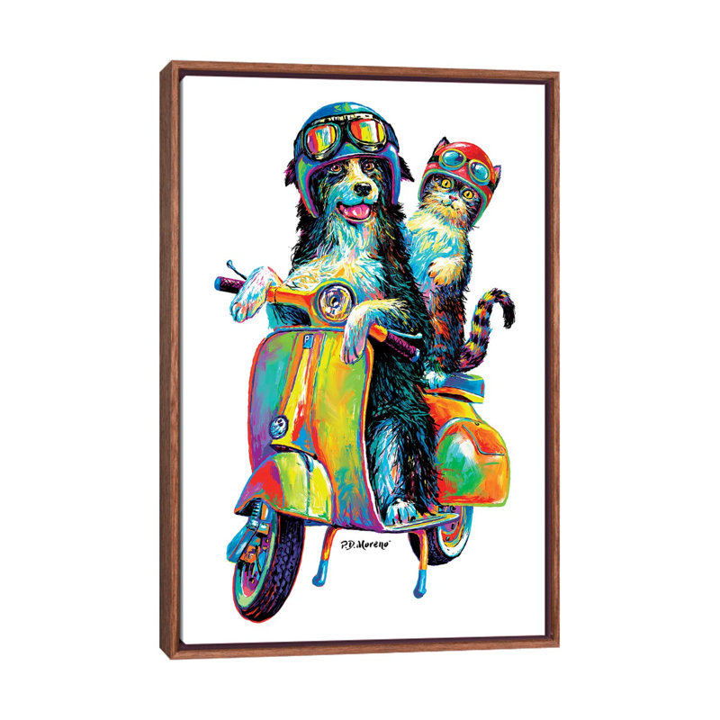 Couple On Scooter by P.D. Moreno - Painting on Canvas, Classic Brown Wood Framed, 101.6 cm H x 66.04 cm W