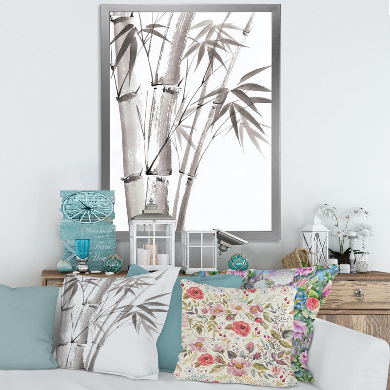 Palmier en bambou - III sur toile, H 32 po x l 24 po x P 1 po, Encadrement argenté