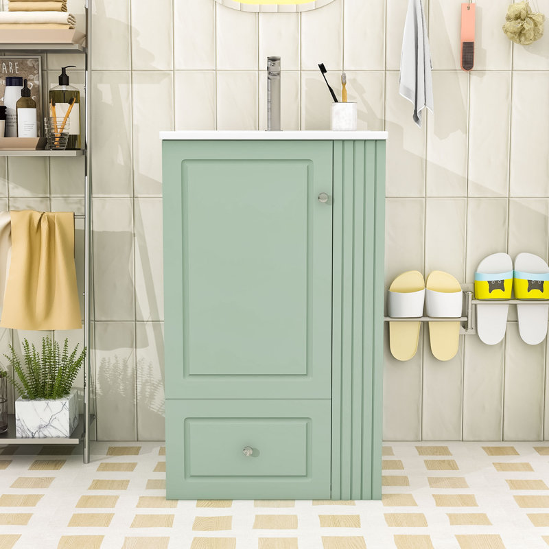 Meuble-lavabo compact avec lavabo en céramique, tiroir de rangement à fermeture en douceur, tablettes ouvertes et barre à serviettes