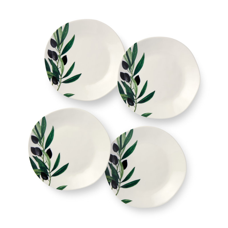 Olivia 6-Inch Ceramic Canapé Plates with Olive Branch Design, Set of 4