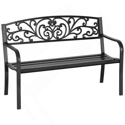 Outsunny 50" Outdoor Bench, Metal Garden Bench With Floral Pattern Backrest, Porch Bench With Slatted Seat For Park, Yard, Lawn, Black