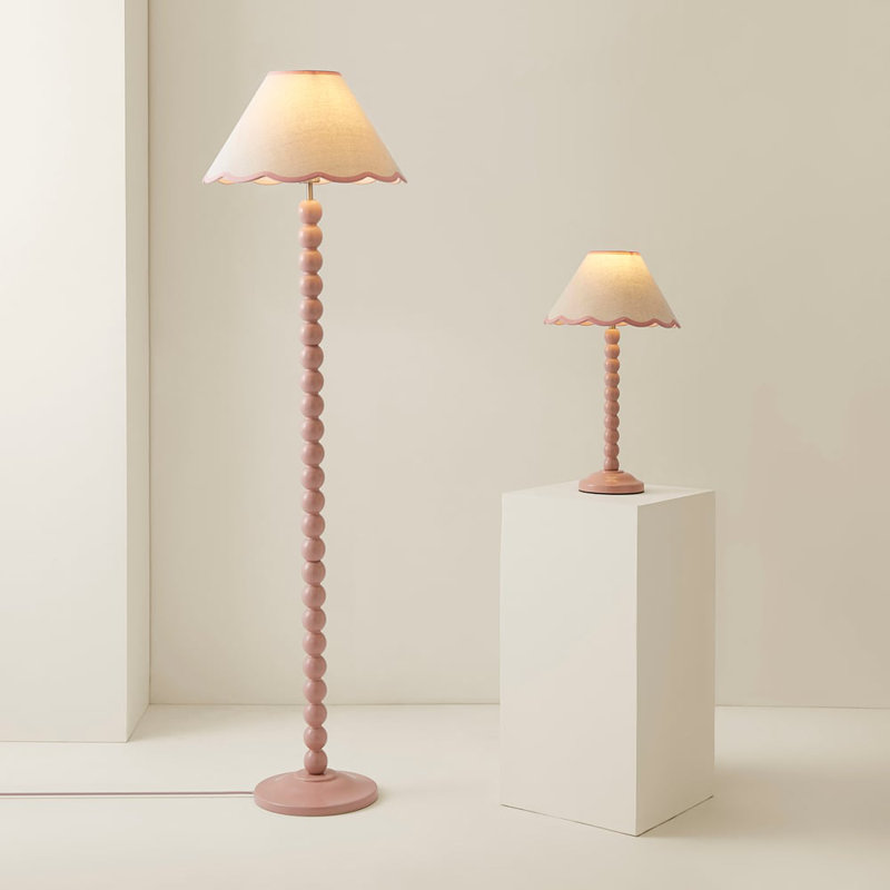 Nephi Bobbins Painted Table Lamp with Tapered Natural Linen Trim Scallop Shade, Natural Linen with Pink Trim, Pink, Yes