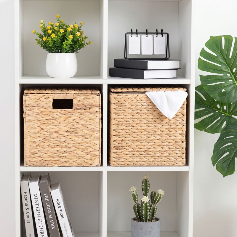 Storage Basket with Lid Foldable Handwoven Water Hyacinth Laundry Cubes Organizer Baskets for organizing,12x12, 4 Set