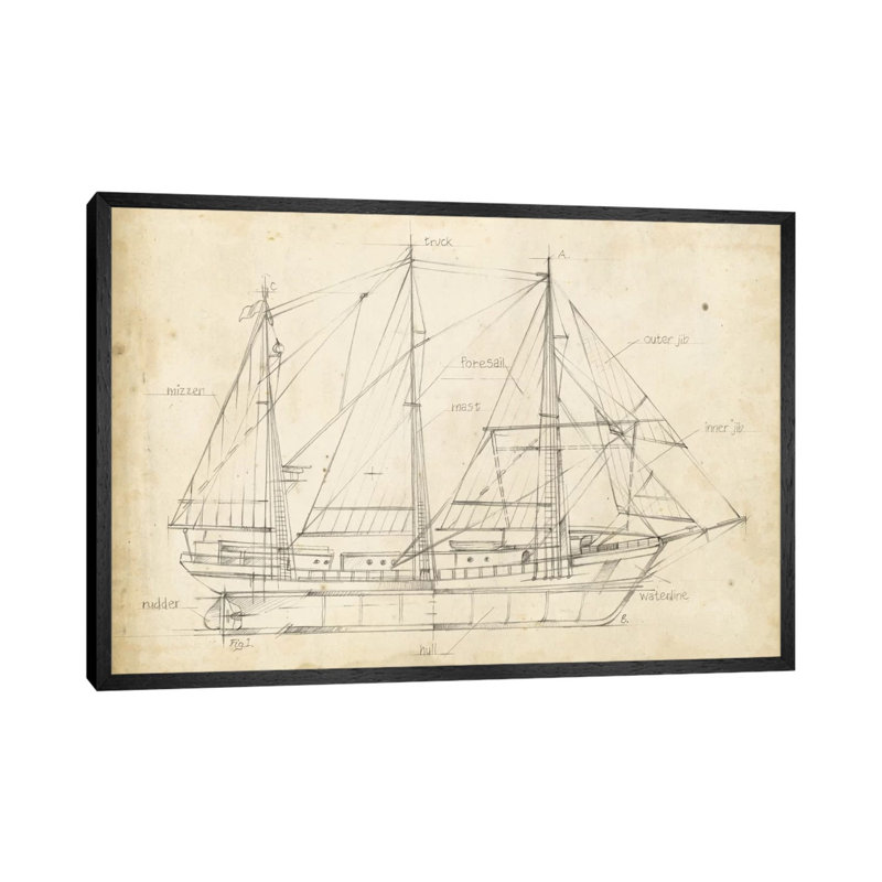 Sailboat Blueprint II by Ethan Harper - Floater Frame Print on Canvas, 66.04 cm H x 45.72 cm W, Black Framed