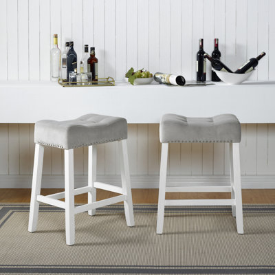 2Pcs Counter Height Stools, Gray Velvet Saddle Seats, White-Wash, Solid Rubberwood Durability 2 Stools From ,