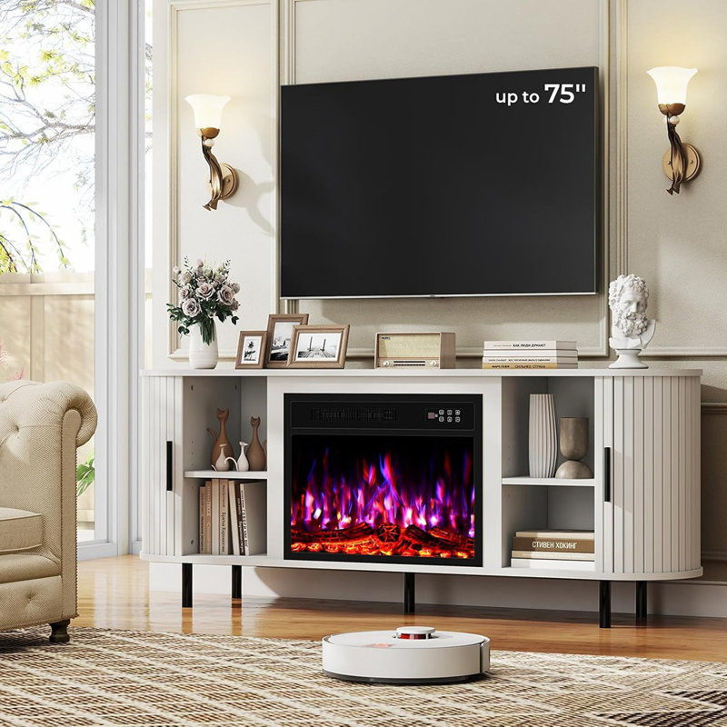 Meuble télé moderne cannelé, blanc - foyer incurvé de 23 po pour téléviseur de 75 po ou moins