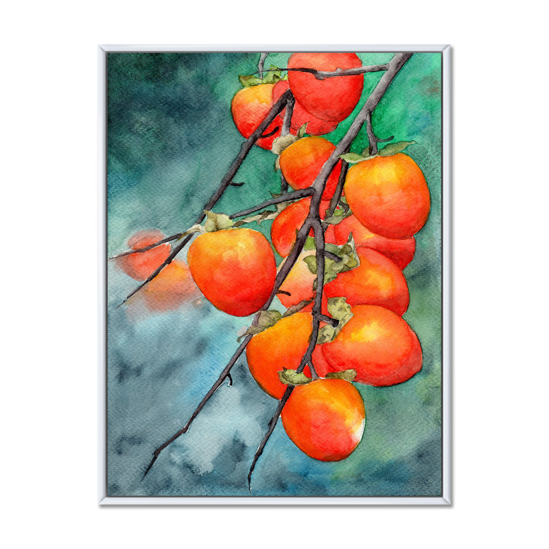 Ripe Persimmons on Branches on Green - peinture sur toile, H 32 po x l 16 po x P 1 po, Cadre flottant blanc