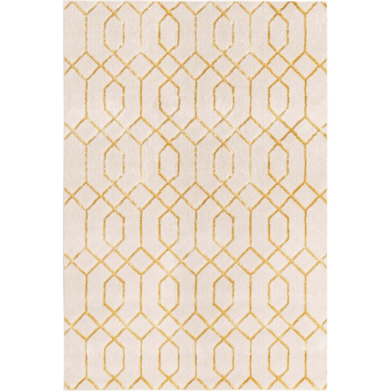 Tapis blanc / doré à motif géométrique Corando, Rectangle 6 pi 1 po x 9 pi