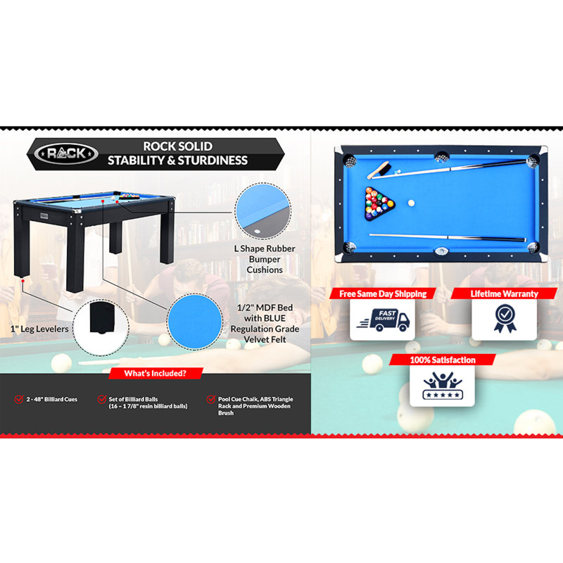 Bolton 66" Black MDF Billiard Pool Table with Blue Velvet Felt