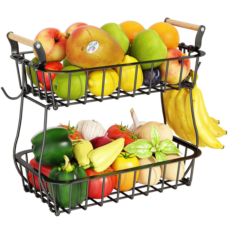 2 Tier Fruit Basket With 2 Banana Hangers, Countertop Fruit Vegetable Basket Bowl