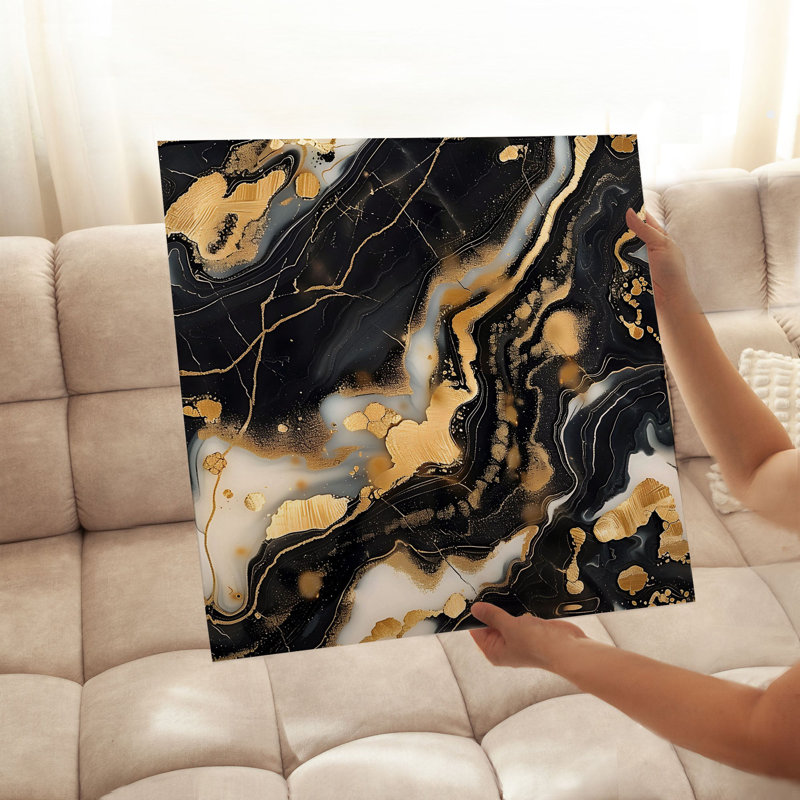 Abstrait noir et doré Geode V, reproduction d'art moderne sans cadre, H 12 po x l 12 po