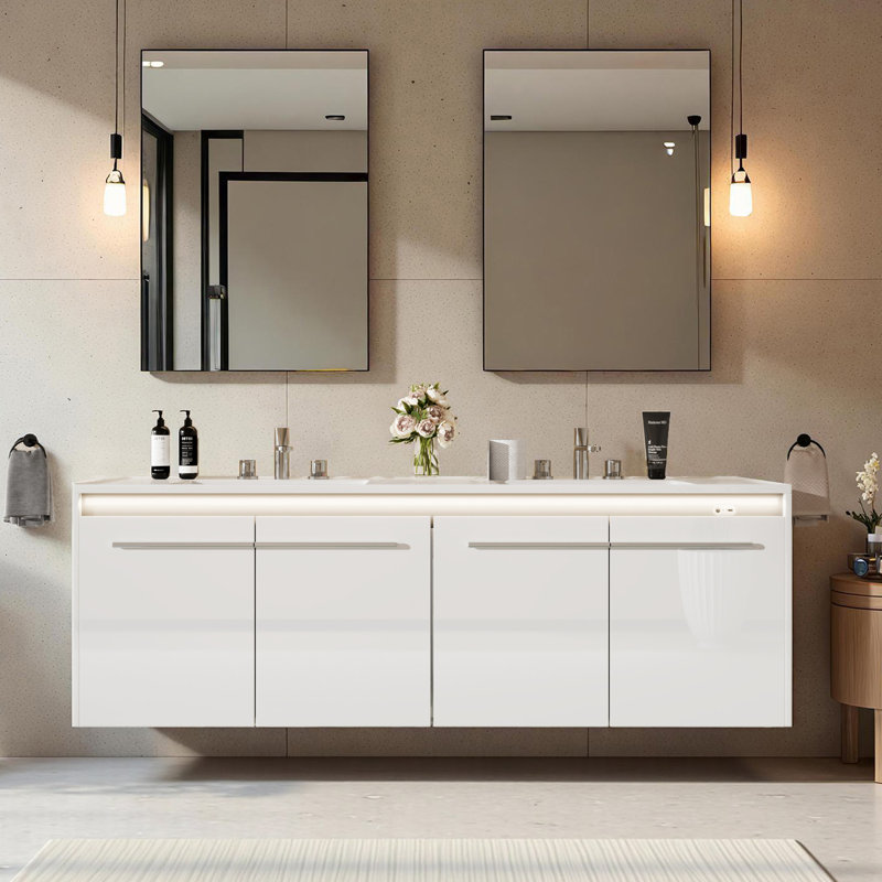Ayanda 60" Led Floating Bathroom Double Vanity With Sink Combo, White, White