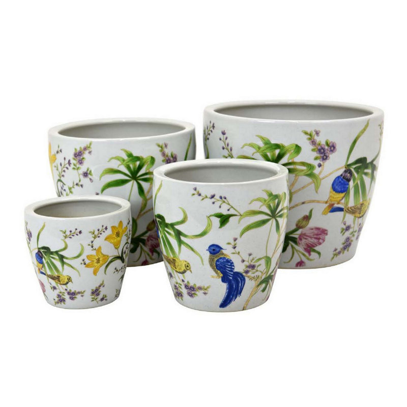 Kerry Planter Pot Set Of 4, Floral Bird Pattern, White Green Ceramic