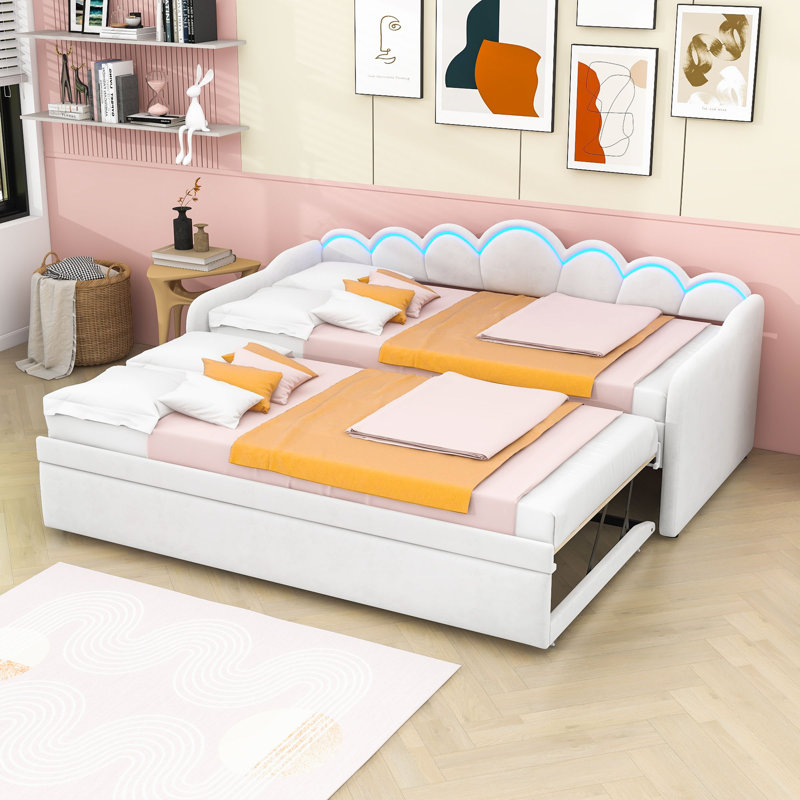Upholstered Twin XL Daybed with Twin Trundle and Adjustable LED Lighting, White