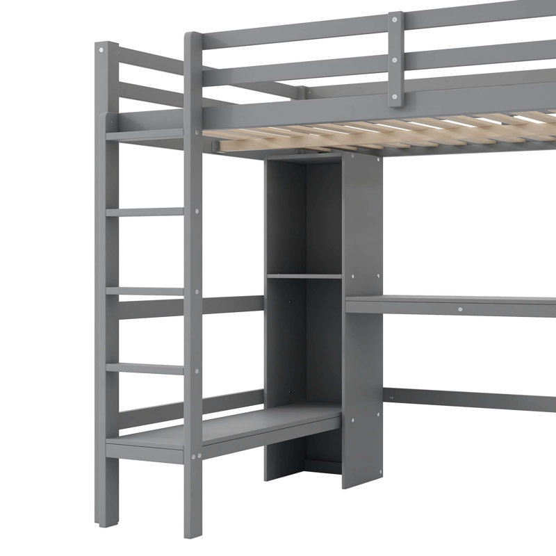 Lit mezzanine double avec tablettes multifonctionnelles et bureau sous le lit, Gris