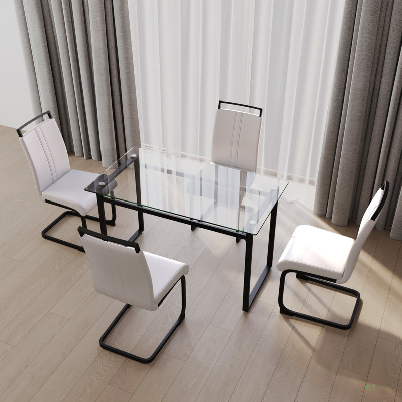 Ensemble de table de salle à manger de 51 pouces en verre pour 4 personnes, ensemble de table de salle à manger et chaises avec pieds plaqués pour la cuisine, plateau de table rectangulaire moderne en verre trempé et chaise de salle à manger en polyu